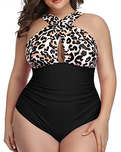 High Waisted Front Cross Swimsuit Slimming Effect-Black And Leopard Trendy Swimwear Set