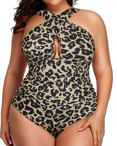 Stylish Front Cross One Piece Swimsuit For Beach Wear-Leopard Elegant Swim Dress