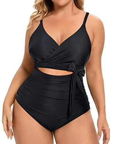 Adjustable Spaghetti Straps Backless Plus Size One Piece Swimsuits-Black Crisscross Back Swimsuit