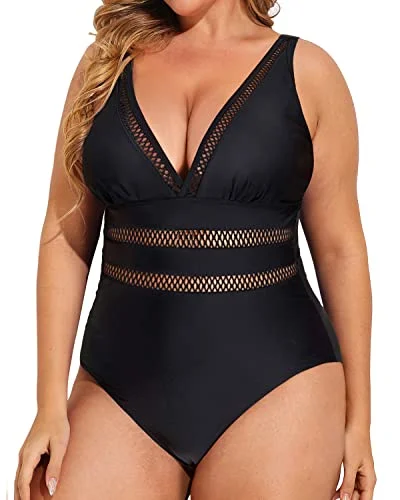 Plus Size Slimming One Piece Swimsuits For Curvy Women-Black Classic Sporty Swimsuit