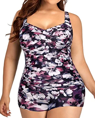 Modest Plus Size Boyshorts Swimsuits Front Twist Tummy Control-Purple Floral Shiny One-Piece Swimsuit