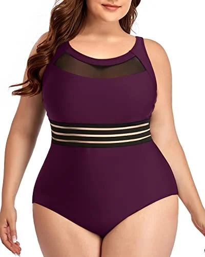 Stylish High Neck One Piece Swimsuits Plus Size-Maroon Beachy Ruffle Bikini