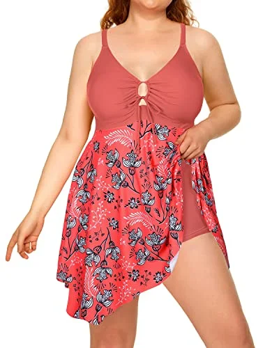 Women Flowy Plus Size Swimdress Boyshorts For Big Bust-Pink Flower Elegant Ruffled Bikini