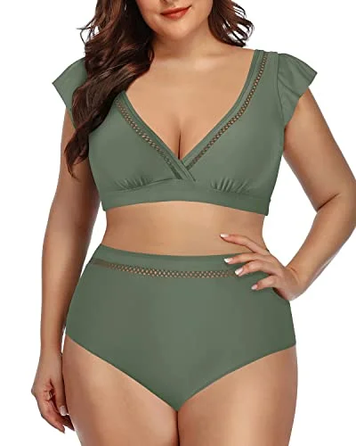 Elegant High Waisted Bikini Set Two Piece Swimsuits For Women-Olive Green Soft Beachwear Set