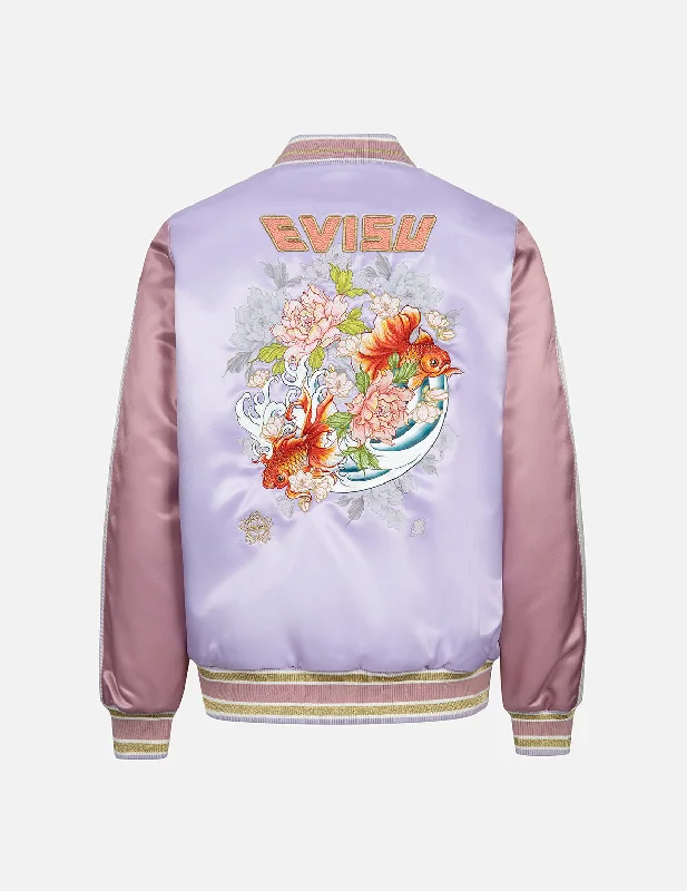 Goldfish and Floral Flow Embroidery Color-blocking Loose Fit Souvenir Jacket Zippered Jacket Buttoned Jacket Snapped Jacket