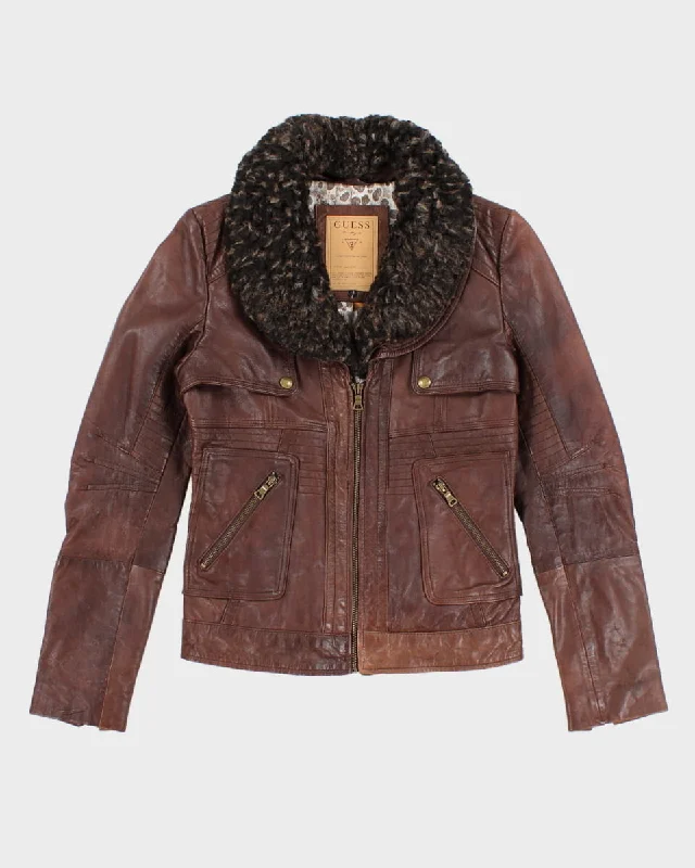 Guess Brown Leather Faux Fur Jacket - XS One-Shoulder Jacket Off-the-Shoulder Jacket Asymmetrical Jacket