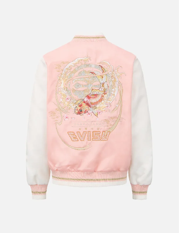 “Koi Playing in the Waves” and Kamon Embroidery Souvenir Jacket Stand-Up Collar Roll-Neck Collar Turtle Neck