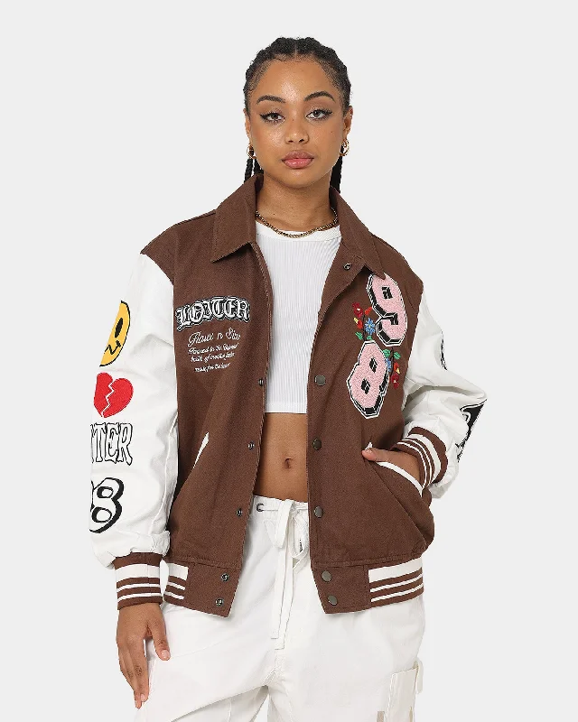 Loiter Flaws Varsity Jacket Brown/Off White Zippered Jacket Buttoned Jacket Snapped Jacket