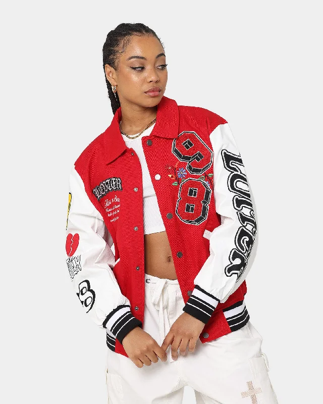 Loiter Flaws Varsity Jacket Red/Off White Rayon Fabric Velvet Fabric Corduroy Fabric