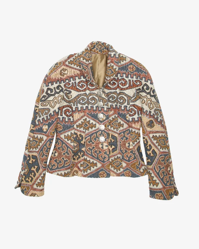 Navajo Inspired Patterned Cotton Fitted Jacket - XS / S Faux Fur Fabric Real Fur Fabric Shearling Fabric