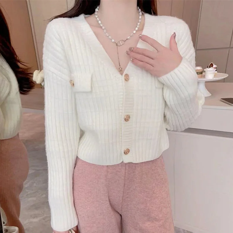 NiDELL Early Autumn . Gentle V-neck Knitted Jacket Sweater Women's Small Youthful Short Long Sleeve Cardigan Top Trendy Anorak Shell Jacket Lightweight Jacket