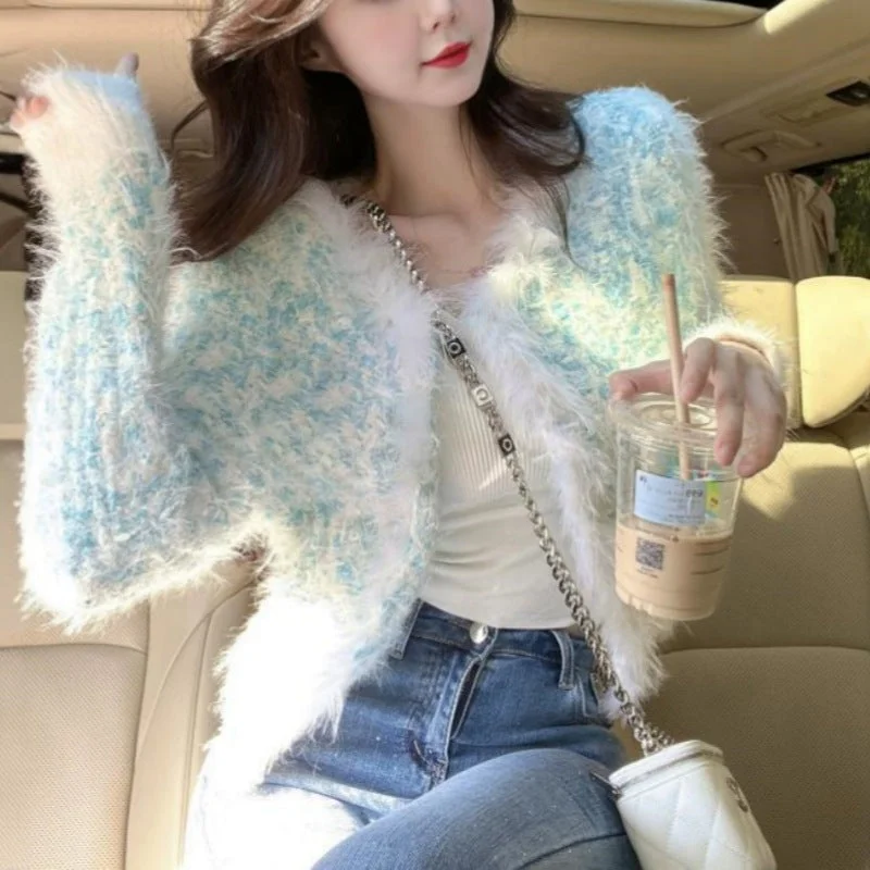 NiDELL French Style Imitation Mink Jacket Long-Sleeved Tassel Fresh Sweet Knitted Cardigan Top Female . New Autumn and Winter Sweaters Wool Fabric Cashmere Fabric Tweed Fabric