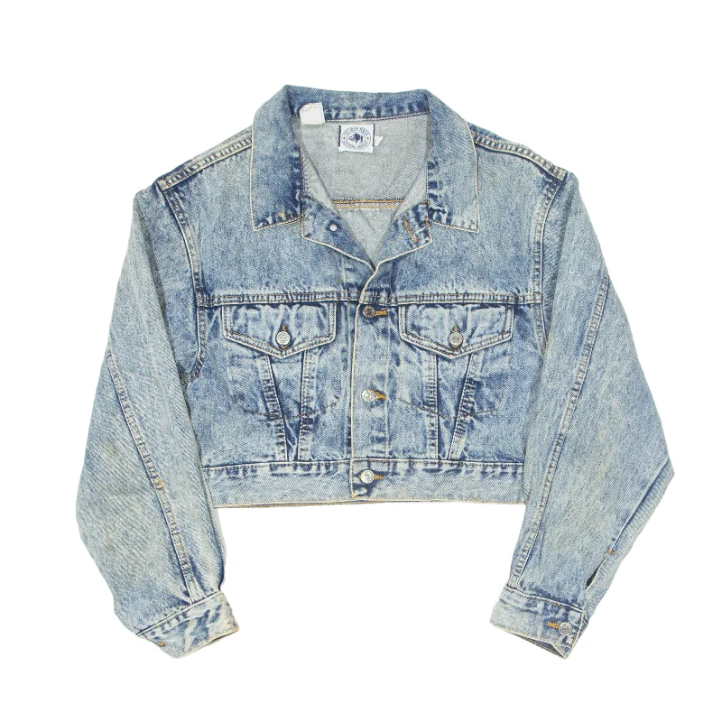 THE GREAT PLAINS Acid Wash Denim Jacket Blue 90s Womens L One-Shoulder Jacket Off-the-Shoulder Jacket Asymmetrical Jacket