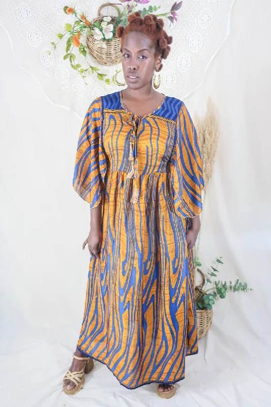 Angelica Maxi Dress - Vintage Sari - Amber & Blue Waves - Free Size M/L Fashionable Off-Shoulder Maxi Dress