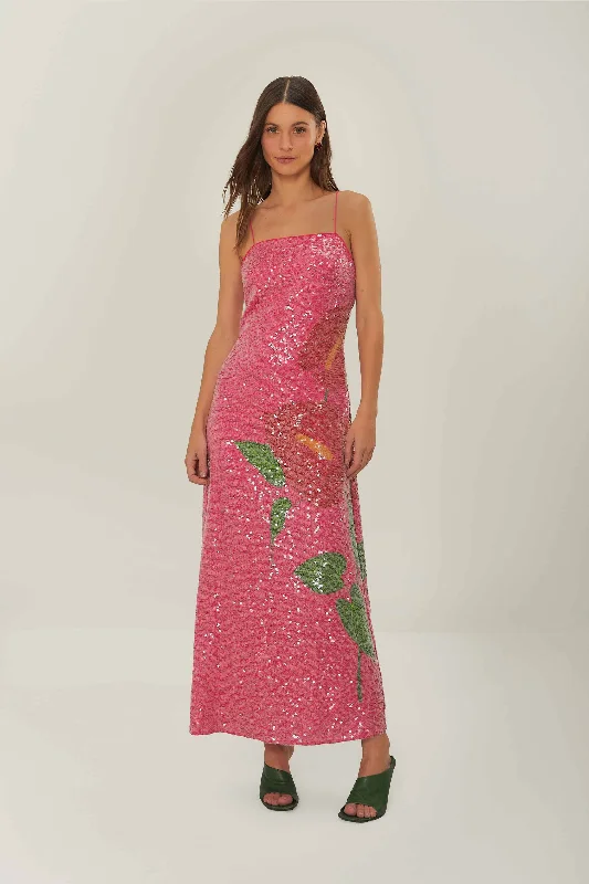 Pink Anthurium Flowers Slip Maxi Dress Comfortable T-Shirt Maxi Dress