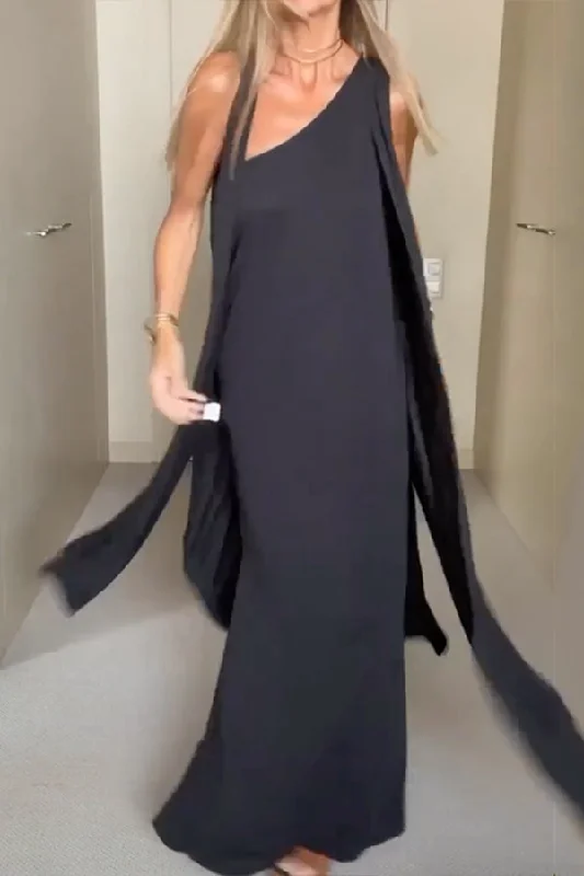 Asymmetric Solid Color Sleeveless One-Shoulder Maxi Dresses Classic Solid Maxi Dress