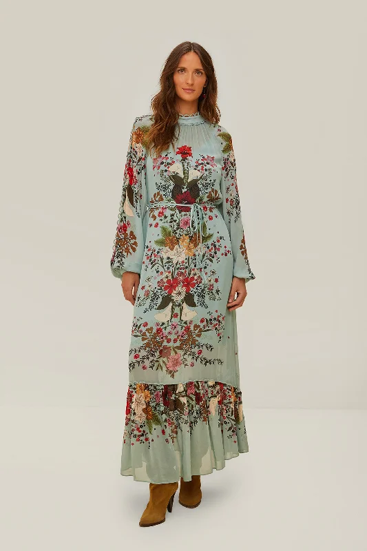 Blue Beauty Bouquet Long Sleeve Maxi Dress Comfortable Flowy Maxi Dress