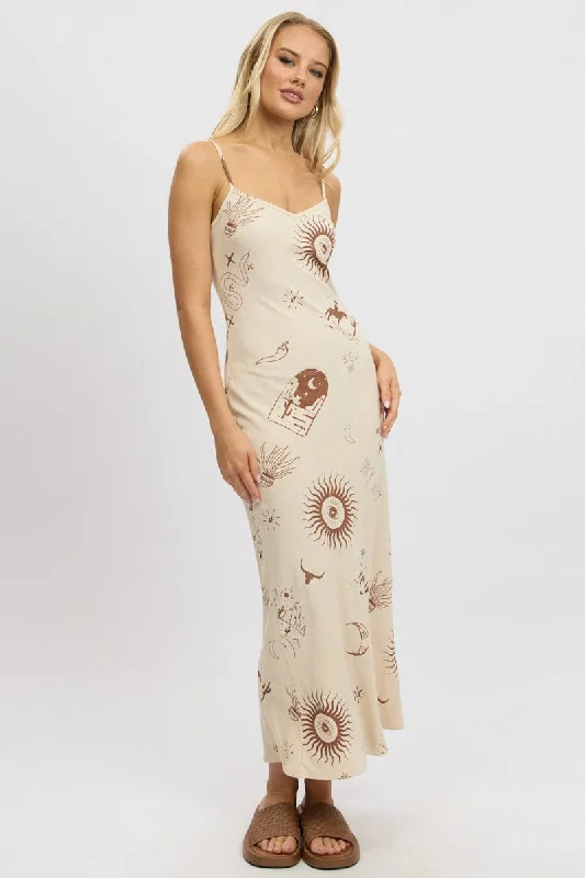 Beige Abstract Maxi Dress Bias Cut Comfortable T-Shirt Maxi Dress