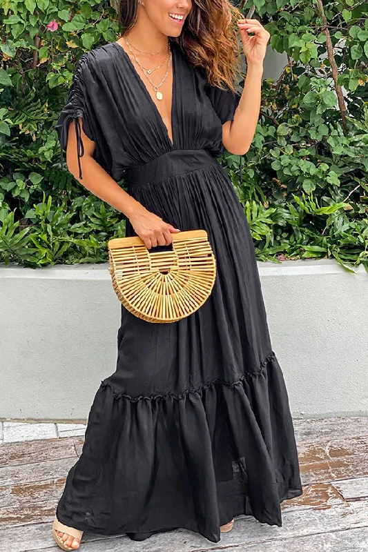 Black Drawstring Pleated Kimono Sleeve Ruffle Maxi Dress Cozy Maxi Dress with Slit