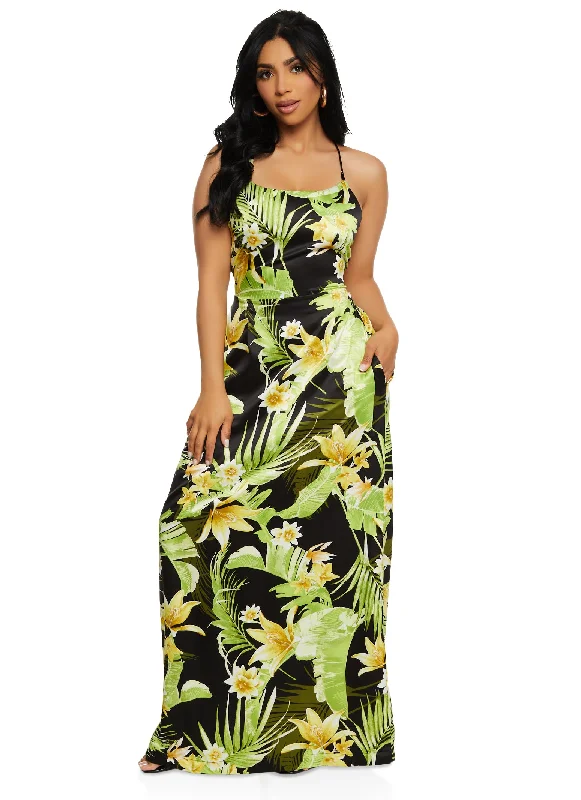 Haute Monde Tropical Print Cami Maxi Dress Trendy Maxi Dress with Lace