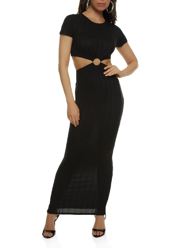 Ribbed O Ring Cut Out Maxi Dress Casual Maxi Dress with Pockets