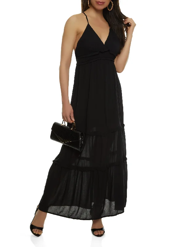 Sleeveless Tiered Empire Waist Maxi Dress Elegant Maxi Dress with Belt