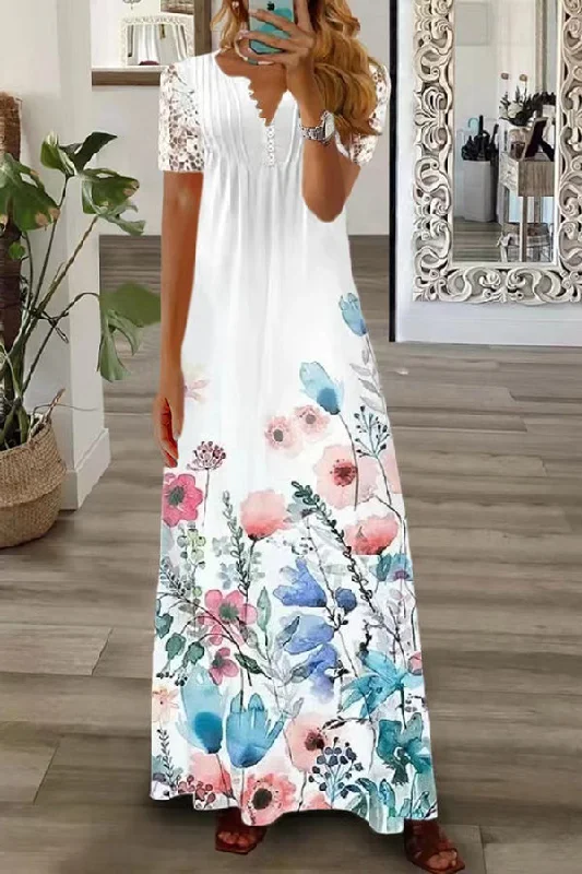 Boho Floral V Neck Button Lace Sleeve Holiday Beach Maxi Dress Elegant Sleeveless Maxi Dress