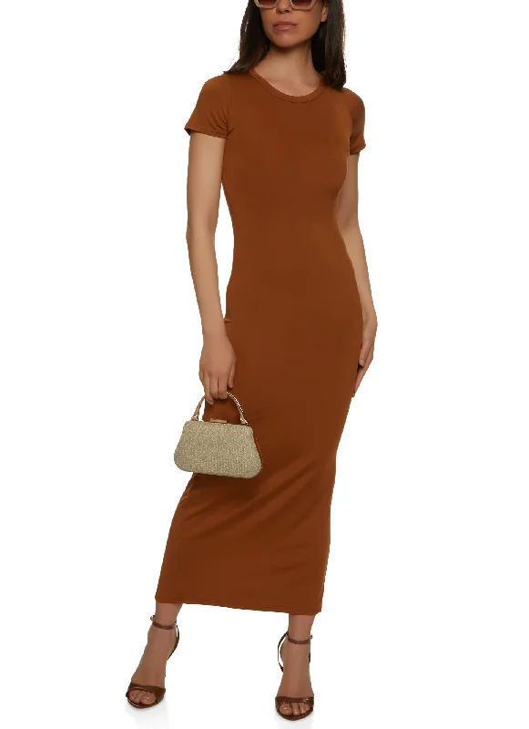 Daisy Solid Crew Neck Maxi Dress Cozy Longline Maxi Dress