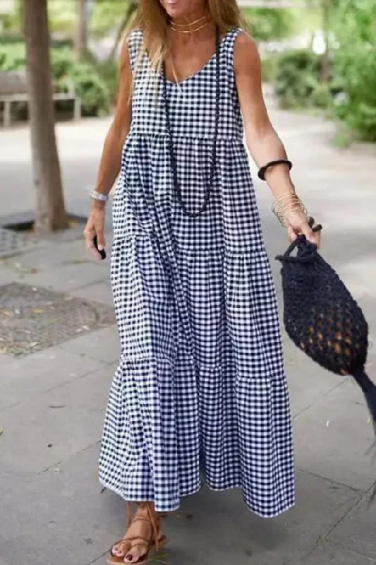 Cotton And Linen Plaid Loose Maxi Dress Stylish Maxi Dress with Pleats