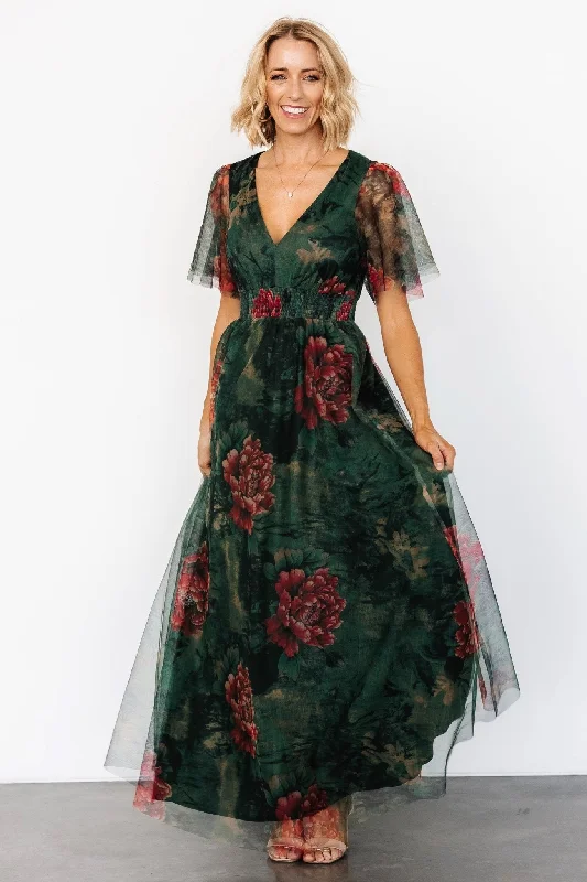 Cressida Tulle Maxi Dress | Dark Green + Red Floral Trendy Button Front Maxi Dress