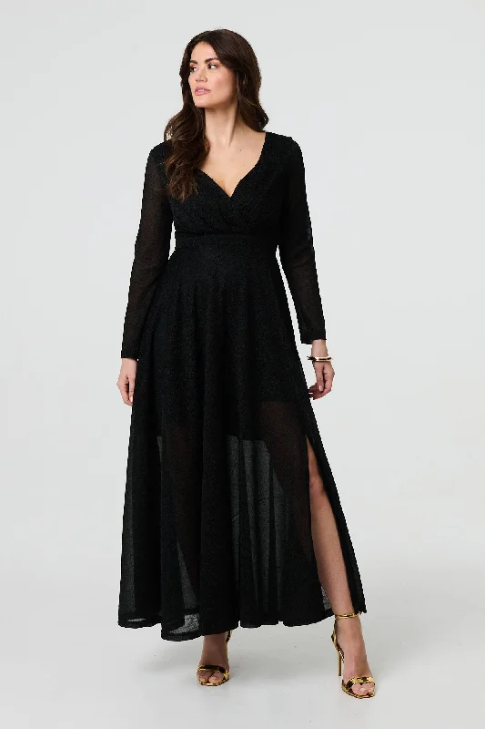 Sparkly V-Neck Long Sleeve Maxi Dress Stylish Button-Up Maxi Dress