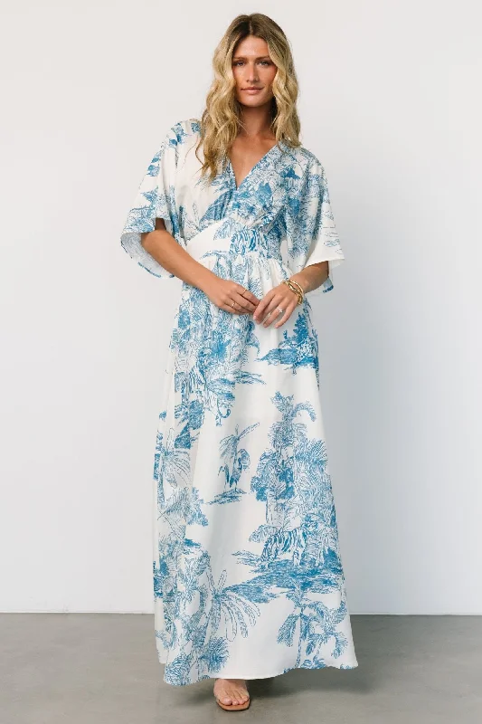 Dara Maxi Dress | Ivory + Blue Print Trendy Maxi Dress with Lace