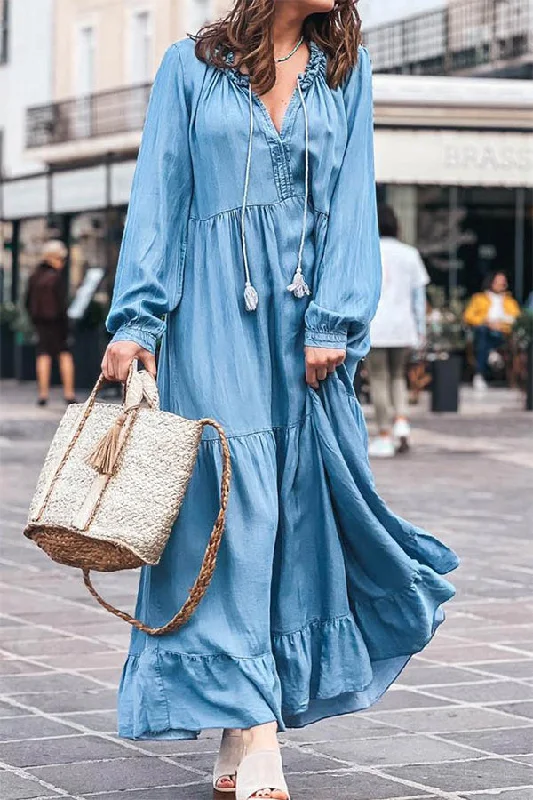 Denim V-neck long-sleeved ruffled maxi dress Elegant Maxi Dress with Lace