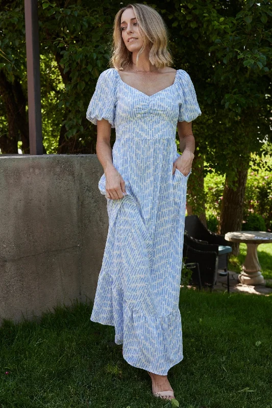 Durban Maxi Dress | Dusty Blue Print Comfortable Maxi Dress with Sleeves