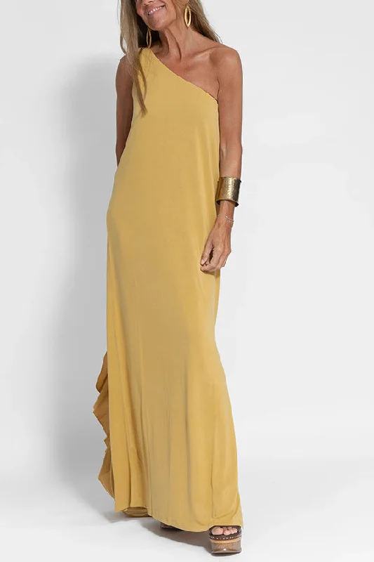 Flawless and Free One Shoulder Relaxed Slit Maxi Dress Trendy Maxi Dress with Straps