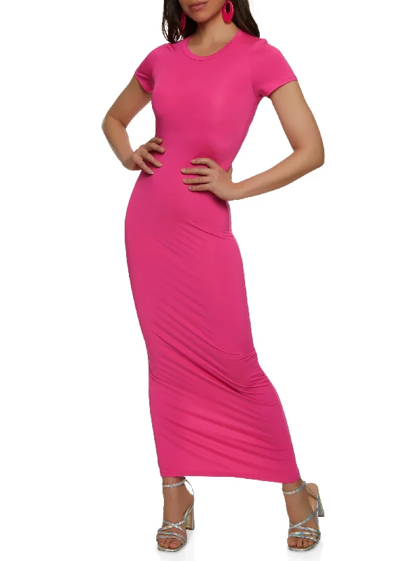 Daisy Solid Crew Neck Maxi Dress Elegant Maxi Dress with Slit