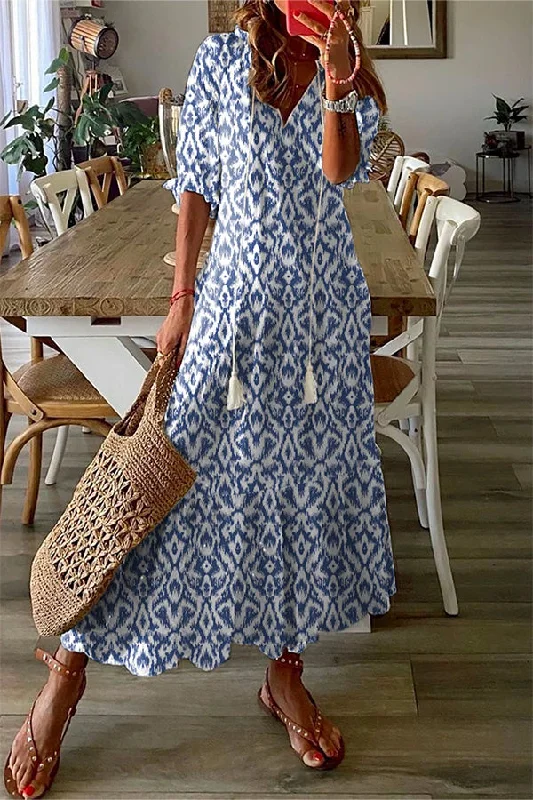 Geometric Print Casual V Neck Maxi Dress Comfortable Bohemian Maxi Dress