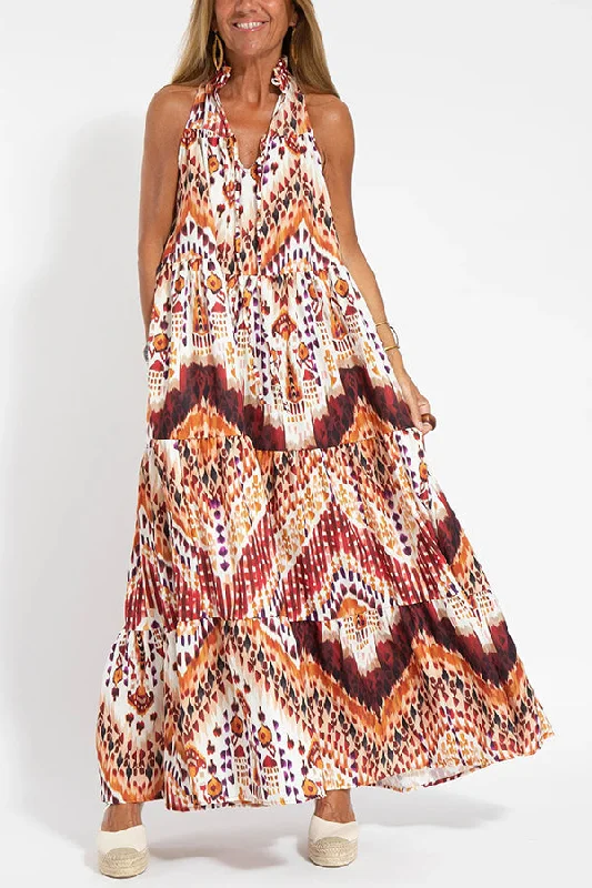 Graceful Appearance Boho Ethnic Print A-line Maxi Dress Fashionable Chiffon Tiered Maxi Dress