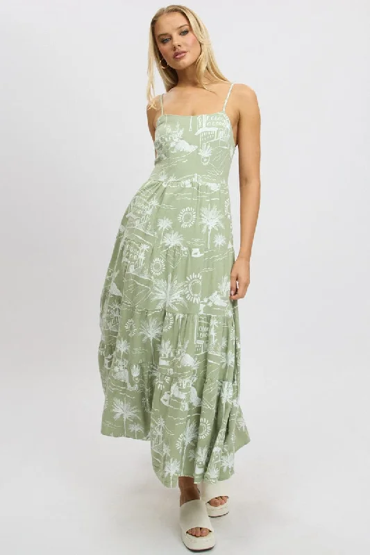 Green Abstract Maxi Dress Tiered Strappy Comfortable Flowy Maxi Dress