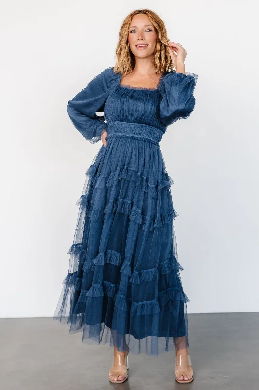 Hilda Tulle Maxi Dress | Vintage Navy Cozy Ruffle Sleeve Maxi Dress