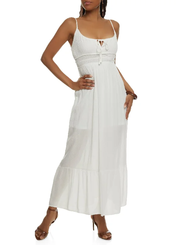 Gauze Knit Tie Front Tiered Maxi Dress Comfortable Satin Maxi Dress