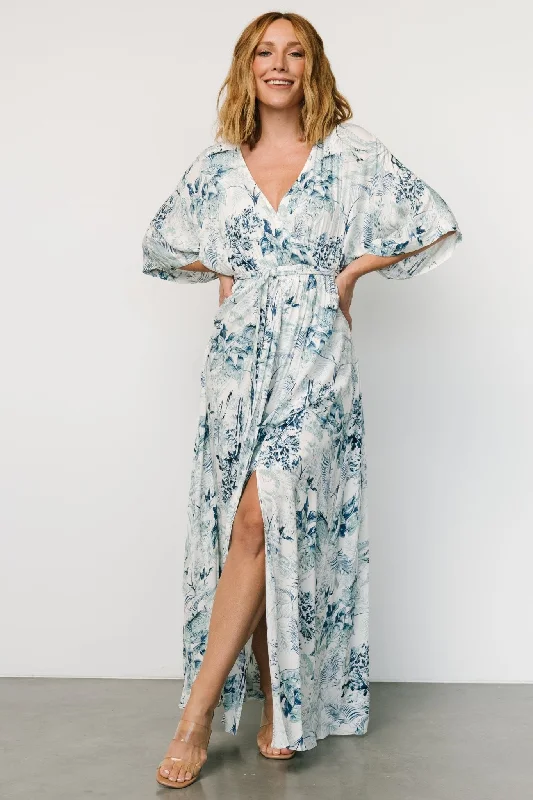 Kalea Maxi Dress | Blue + White Stylish V-Neck Maxi Dress