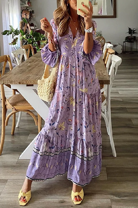 Lavender Flavor Printed Long Sleeve Button A-line Maxi Dress Cozy Longline Maxi Dress