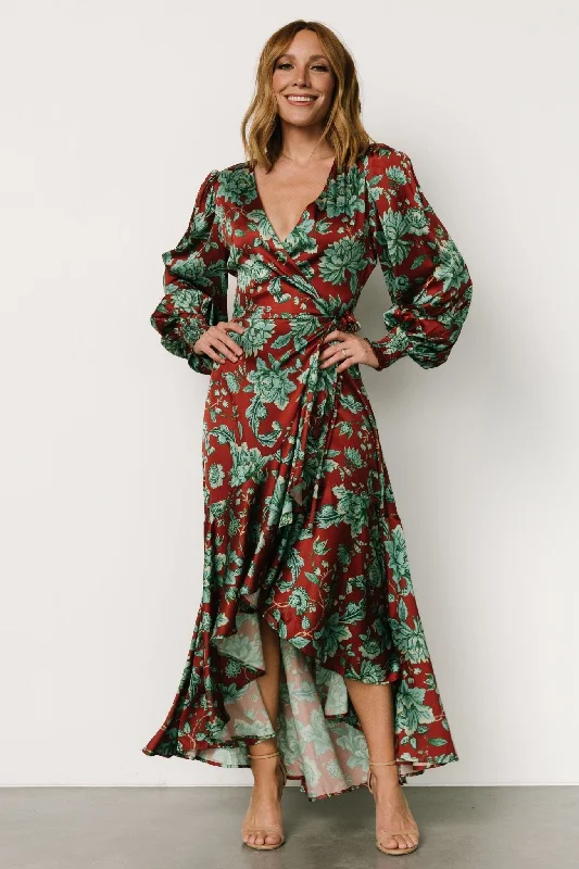 Lavinia Ruffle Maxi Dress | Rust + Green Floral Elegant Boho Maxi Dress