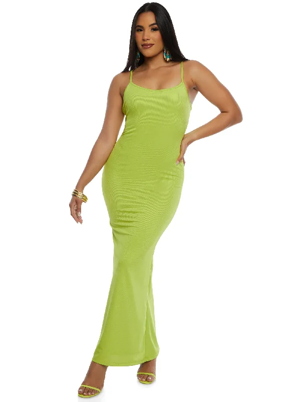 Ribbed Scoop Neck Cami Maxi Dress Trendy Maxi Dress with Belt