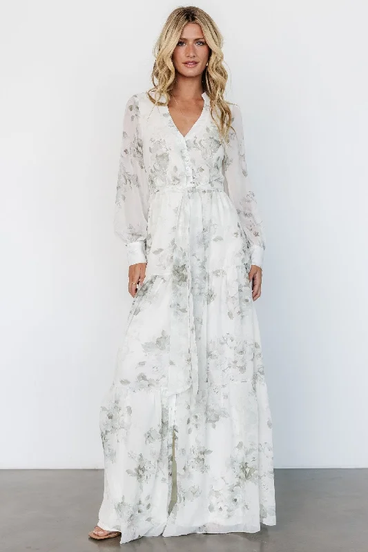 Lizette Maxi Dress | Sage Print Fashionable Off-Shoulder Maxi Dress