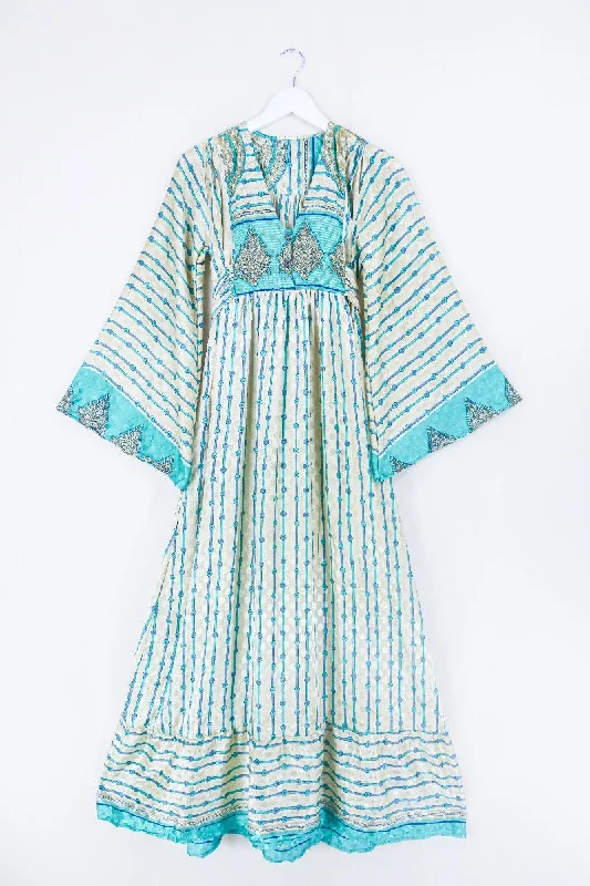 Lunar Maxi Dress - Vintage Sari - Sand & Seafoam Graphic - Size XS Fashionable High-Low Maxi Dress