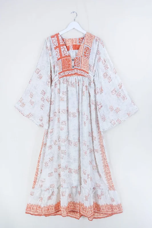 Lunar Maxi Dress - Vintage Sari - Burnt Orange & White Tile - Size S/M Comfortable Ruffle Maxi Dress