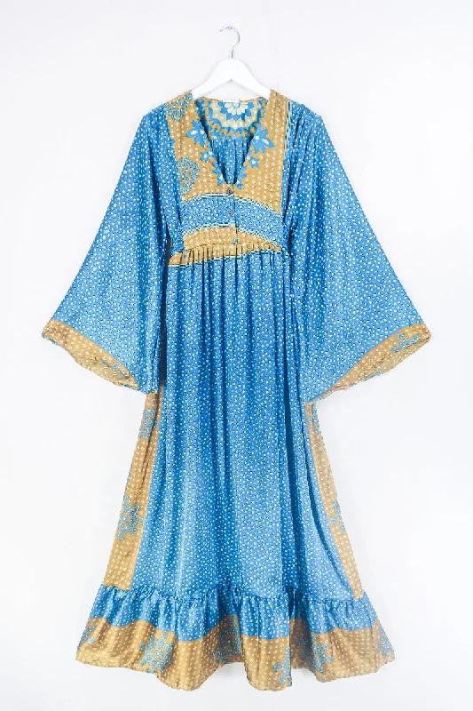 Lunar Maxi Dress - Vintage Sari - Deep Turquoise & Gold - Size S/M Stylish Maxi Dress with Frills