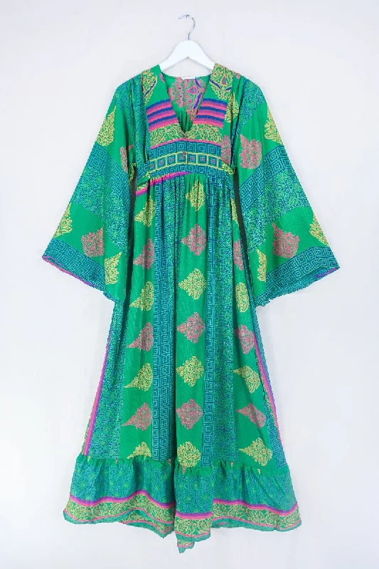 Lunar Maxi Dress - Vintage Sari - Jungle Green Patchwork Tile - Size XS Classic A-Line Maxi Dress